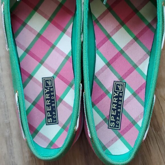 🩵Sperry "Hailey" Pink & Green Top Sider Slip-on Boat Shoes Size 8 - Picture 8 of 11